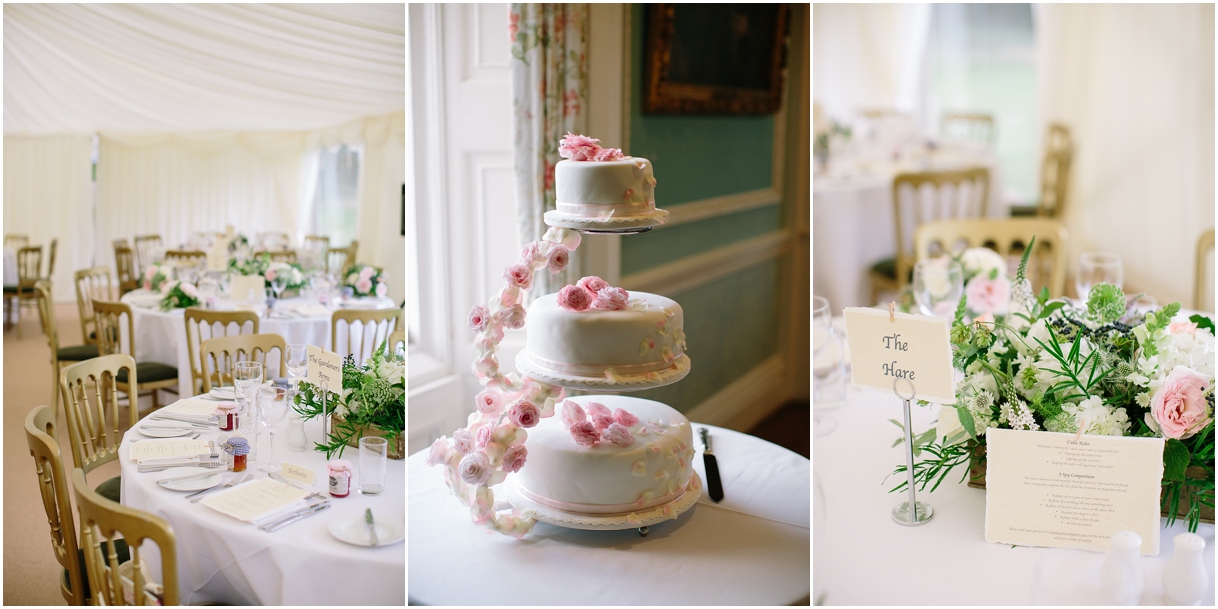 Wedding cake and flowers ar Guests at Chiddingstone Castle