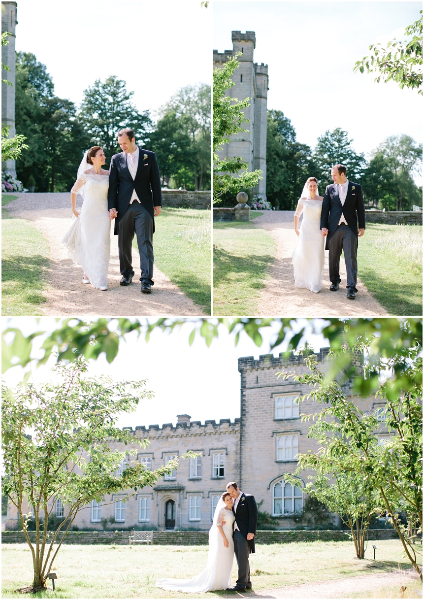 Bride and groom walking at Chiddingstone Castle