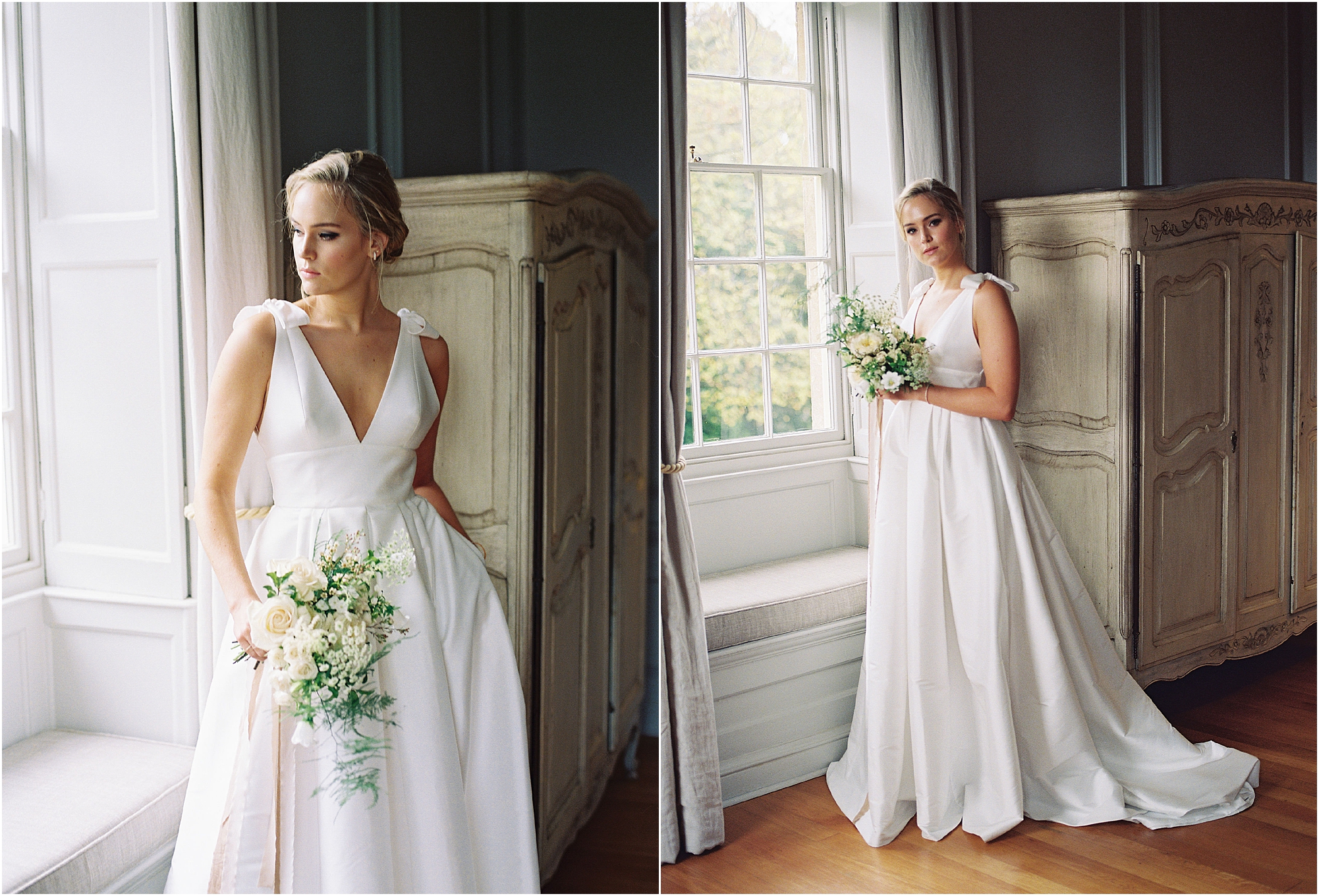 Bride standing by the window of the Thorpe Manor bridal suite wearing wedding dress and holding bouquet